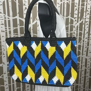 Woven Plastic Tote Bag Yellow Blue Black White Geometric Pattern.